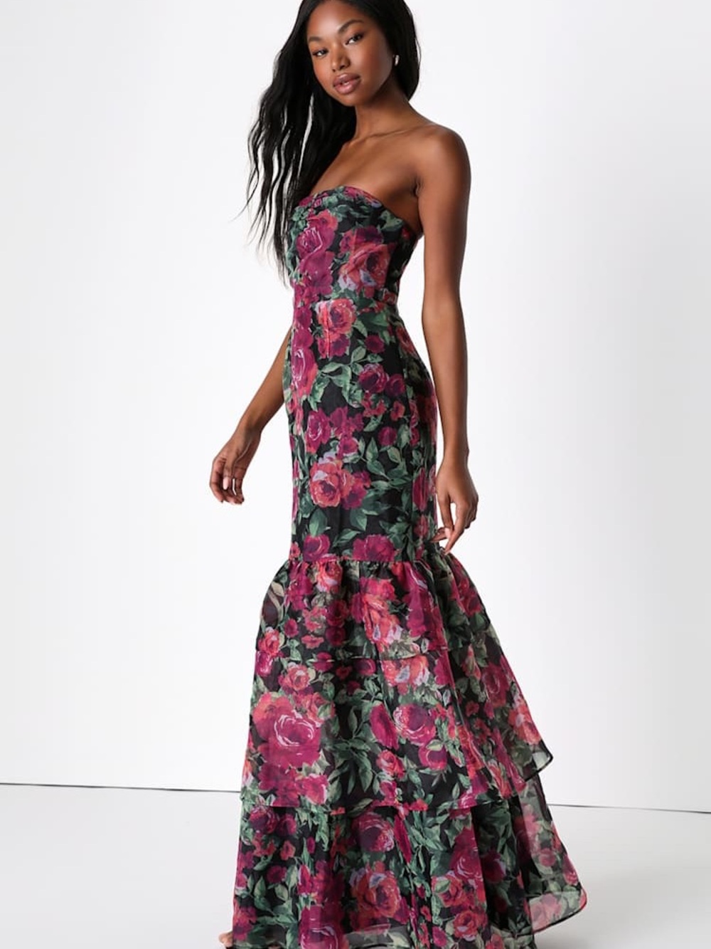 Lulus Fleur of Dreams Green and Pink Floral Print Organza Maxi Dress Formal XS